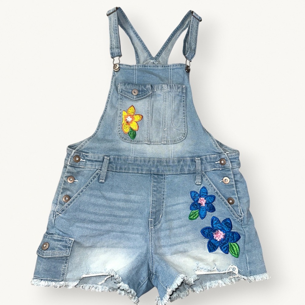 No Boundaries Floral Embroidered Denim Shortalls Light Wash Blue Size L 11-13